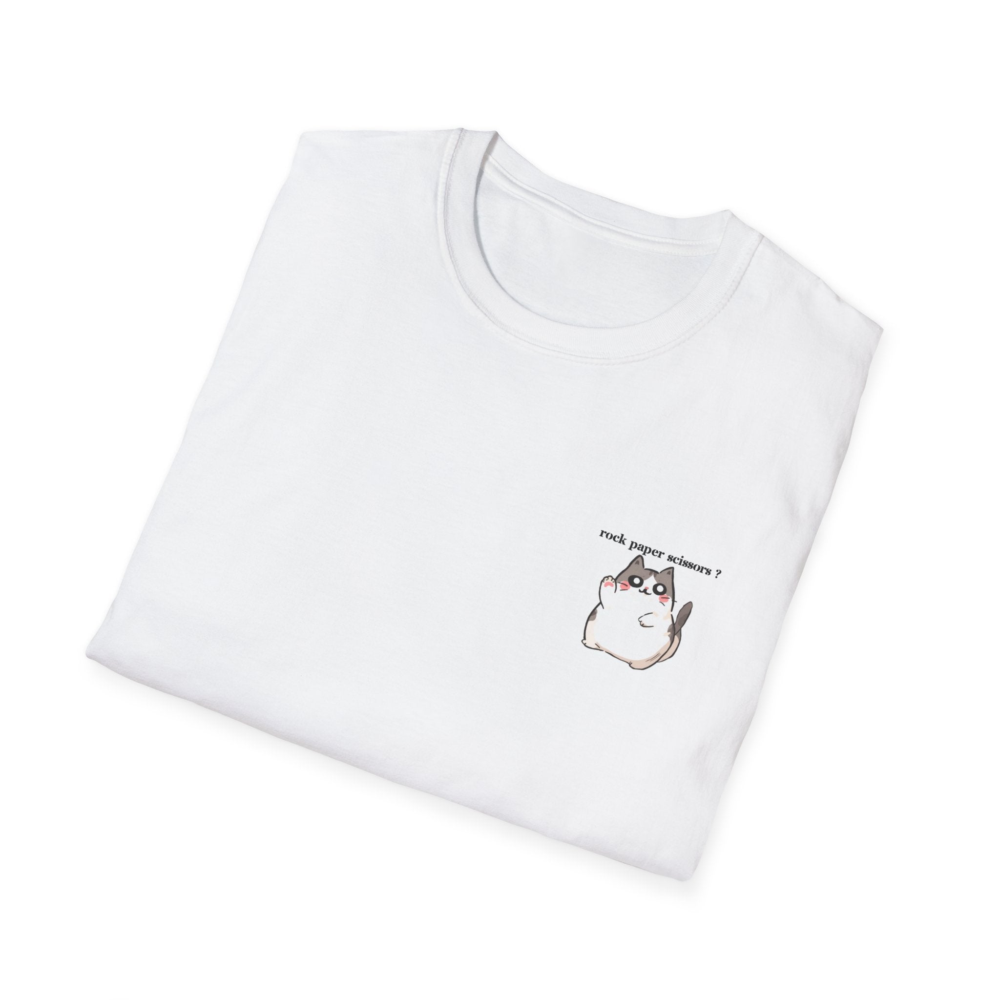 Cat Pocket Tee — Cute Chubby Cat Graphic T-Shirt ("rock paper scissors")