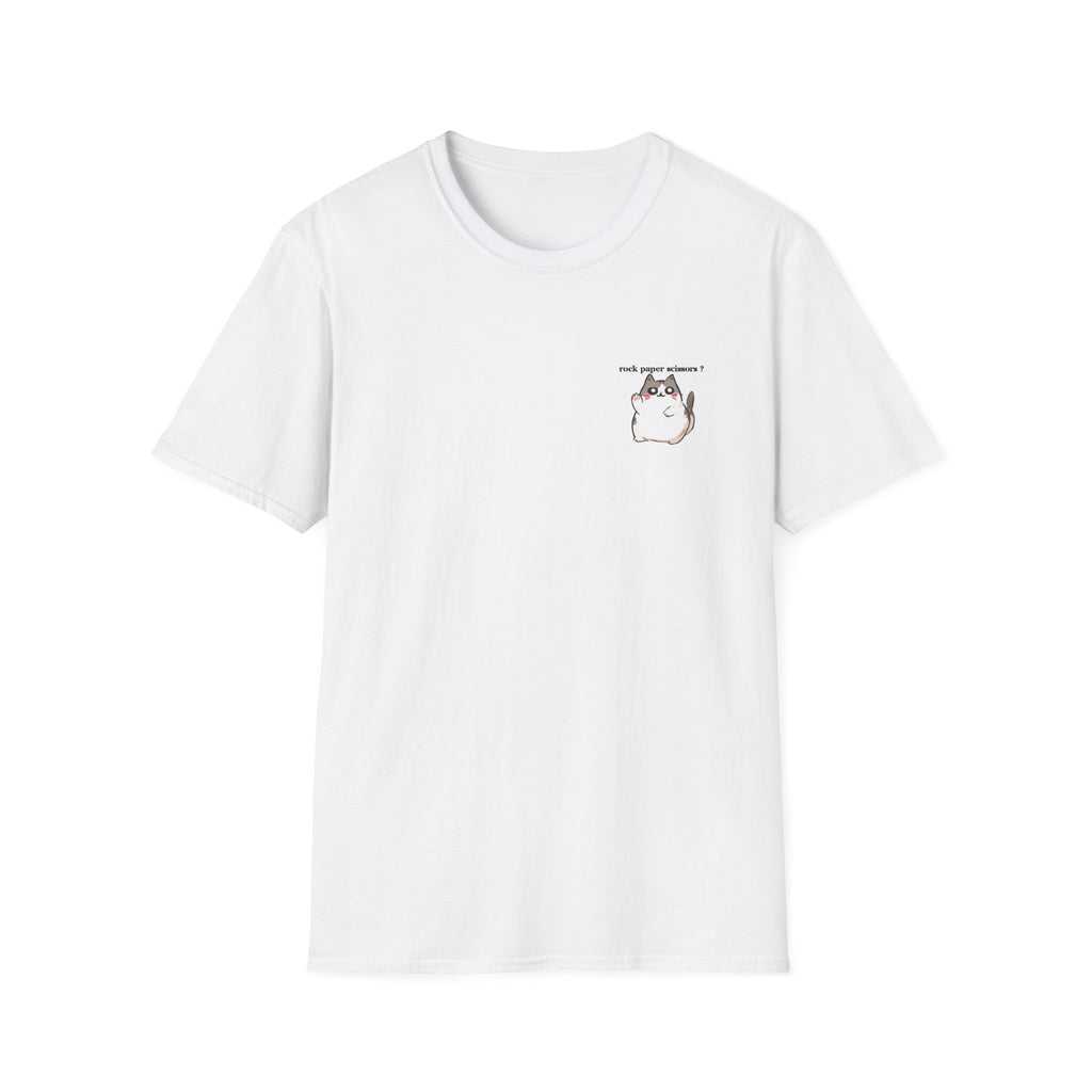 Cat Pocket Tee — Cute Chubby Cat Graphic T-Shirt ("rock paper scissors")
