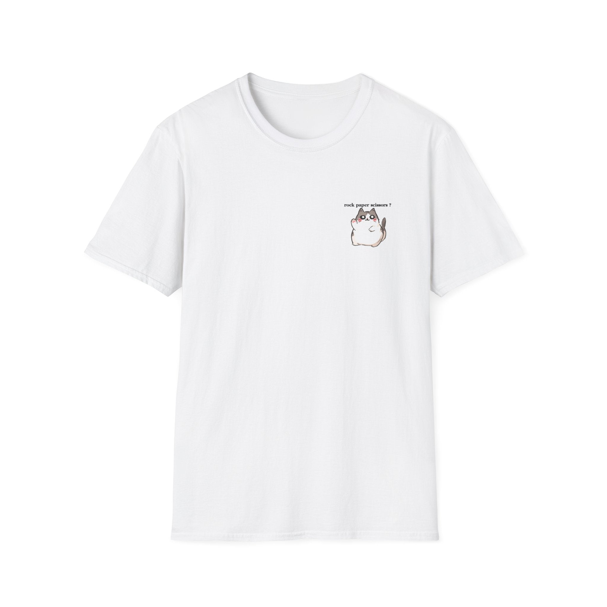 Cat Pocket Tee — Cute Chubby Cat Graphic T-Shirt ("rock paper scissors")