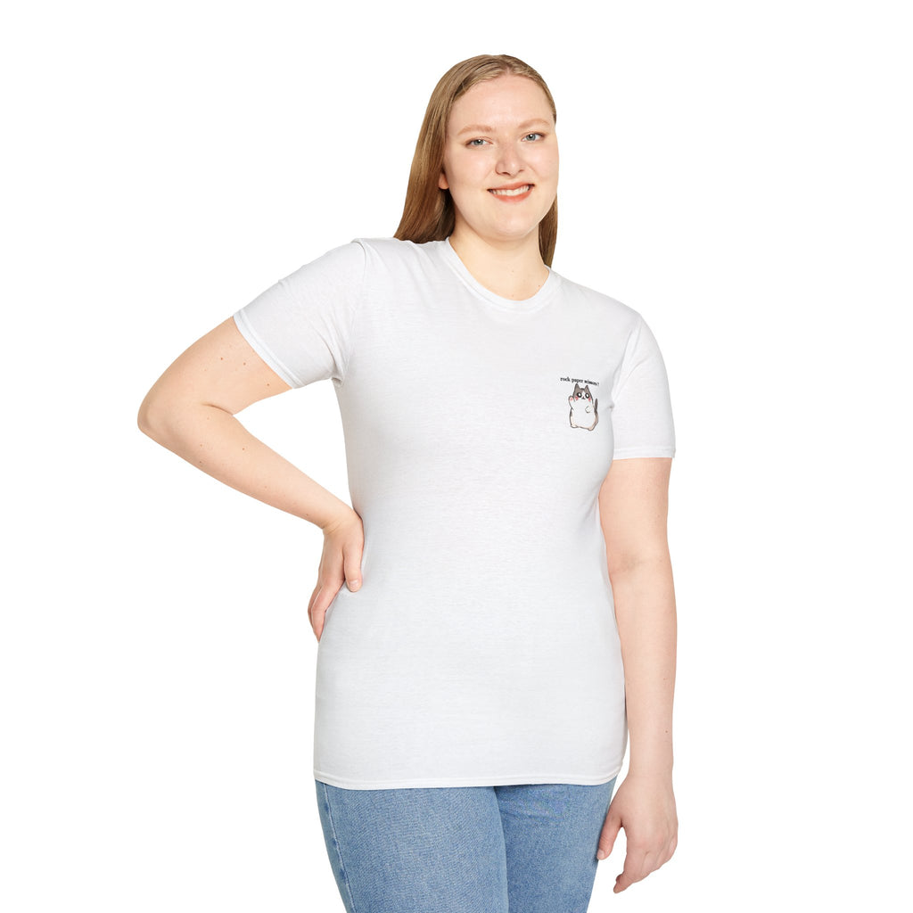 Cat Pocket Tee — Cute Chubby Cat Graphic T-Shirt ("rock paper scissors")